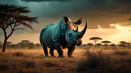 African rhinoceros in savannah at sunset, Namibiaの素材