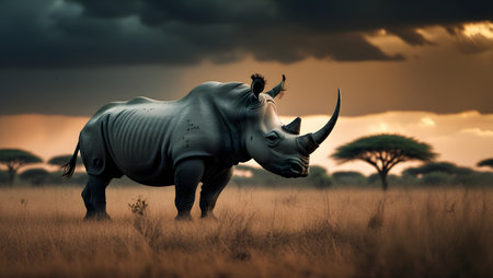White rhinoceros in the savannah at sunset, Africaの素材