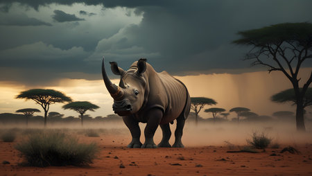 Rhinoceros in the savannah of Africa. 3d renderの素材
