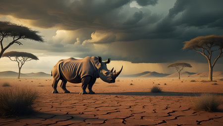 Rhinoceros in the savannah. 3D Renderingの素材