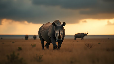 Black rhinoceros in the savannah at sunset, South Africaの素材