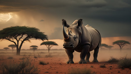 White rhinoceros in the savanna of Namibia.の素材