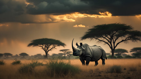 White rhinoceros in the savannah at sunset - 3D renderの素材