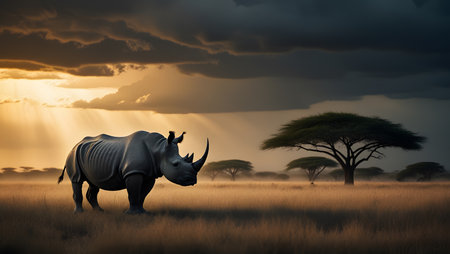 Black rhinoceros in the savannah at sunset - 3D renderの素材