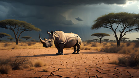 Rhinoceros in the savannah. 3D illustration.の素材
