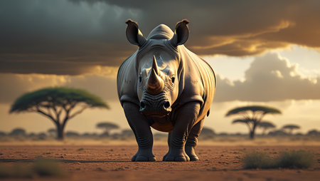 White rhinoceros in savannah at sunset, 3d renderの素材