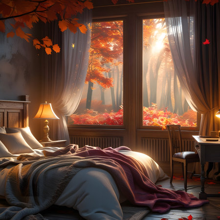 Beautiful autumn landscape in the bedroom with a large window. 3d renderingの素材