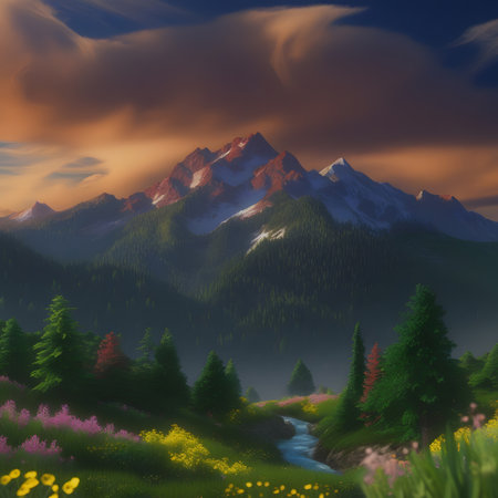 Mountain landscape with flowers and forest at sunset. Digital painting.の素材