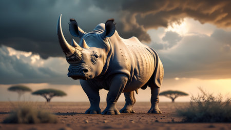 White rhinoceros in savannah, Namibia, Africaの素材