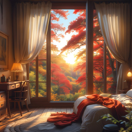 Beautiful autumn landscape in the bedroom,3d rendering. Computer digital drawing.の素材