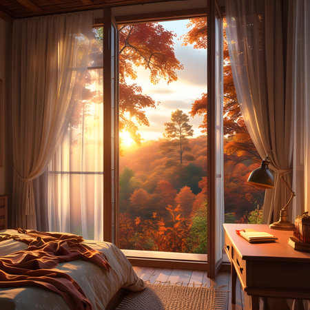 Morning in the bedroom with a beautiful view of the autumn forest.の素材