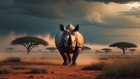White rhinoceros in the savannah - 3D renderの素材