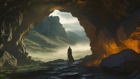 Fantasy alien woman in a cave. 3D illustration. Fantasy.の素材