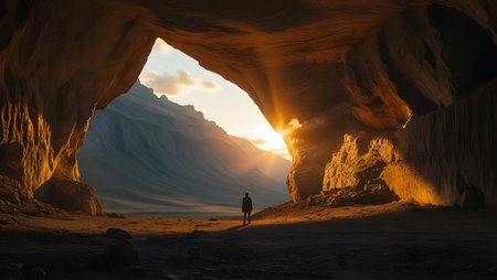 3d illustration of a man in a cave looking at the sunの素材