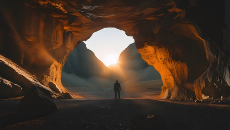Man standing in the entrance of a cave in the desert at sunsetの素材