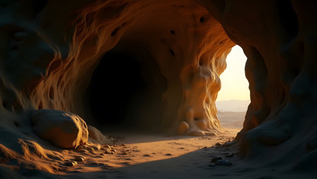 3D illustration of an underground cave with light coming through it.の素材