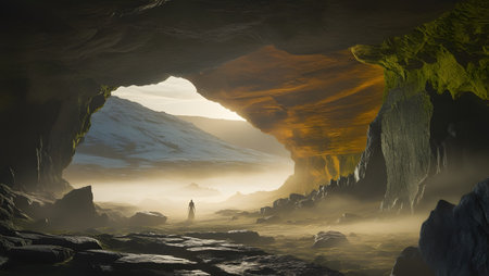 Fantasy alien planet. Mountain and fog. 3D illustration.の素材
