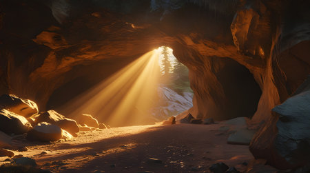Beautiful light in the cave. 3d rendering. Computer digital drawing.の素材