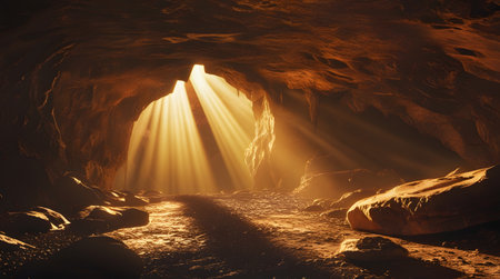 Cave with light rays in the cave. 3d rendering.の素材