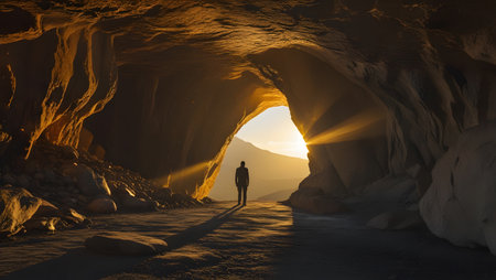 Silhouette of man standing in the cave at sunset. 3d renderingの素材