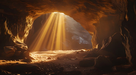 Inside the cave with sunlight shining through the hole. 3d renderingの素材