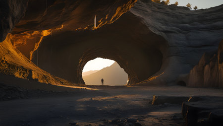 The entrance to the cave in the desert. A man walks through the tunnel.の素材