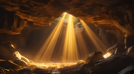 Inside of a cave with light rays coming out of the cave.の素材