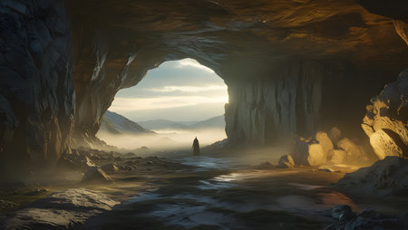 Fantasy landscape of a cave in the mountains. 3d renderの素材