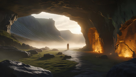 Fantasy scene with foggy cave. 3d render illustration.の素材