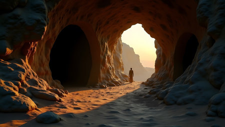 3d render of a man walking through a cave in the desertの素材