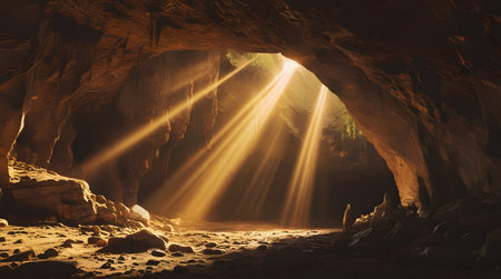 Sunlight in the cave. Beautiful light rays through the cave.の素材