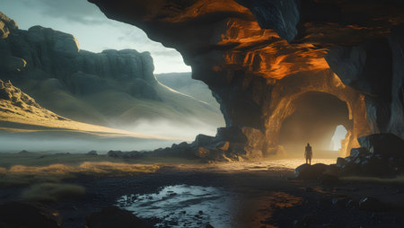 Fantasy alien planet. Mountain and lake. 3D illustration.の素材