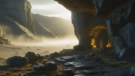 Mysterious cave with fog in the mountains. 3d renderの素材