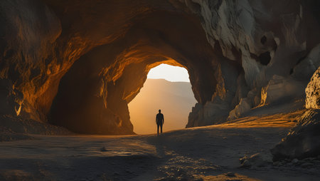 man at the entrance of the cave. 3d render illustration.の素材
