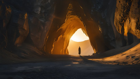 Man walking in the cave at sunset. 3d render illustration.の素材