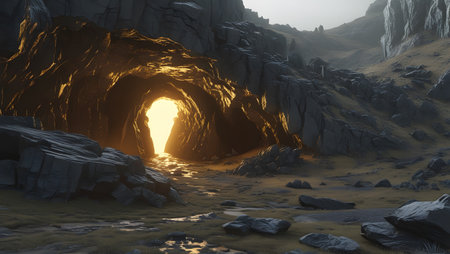 3D rendering of an old stone tunnel with a light at the endの素材