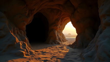 Cave in the desert at sunset. 3d render illustration.の素材