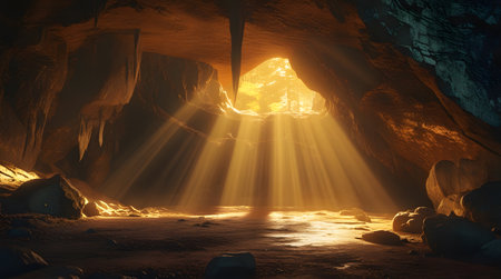Inside the cave with light rays coming out of the cave. 3d renderingの素材