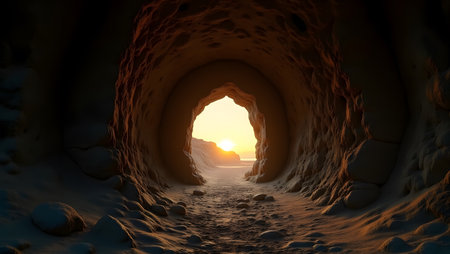 3D CG rendering of cave entrance with sun and sea background.の素材