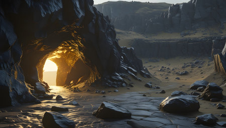 Fantasy alien planet. Mountain and river. 3D illustration.の素材