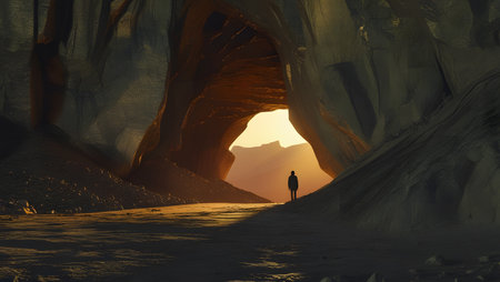Man in the entrance to the cave. 3d render illustration.の素材