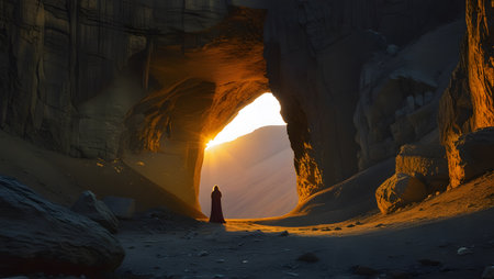 A Buddhist monk in the middle of a cave in Petra, Jordanの素材