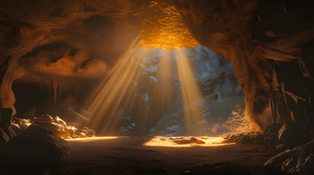 Inside of a cave with light rays coming through it. 3d renderingの素材