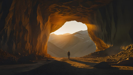 Man walking through a cave in the mountains. 3d rendering.の素材
