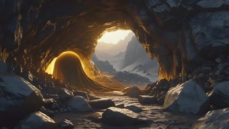 3D CG rendering of cave with light at the end of tunnelの素材