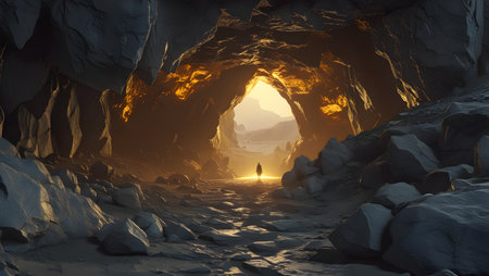 3D CG rendering of cave and man in the middle of itの素材