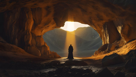 Mysterious woman in a cave. 3d render illustration.の素材