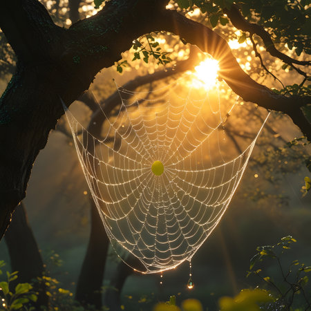 Cobweb in the forest at sunrise. Beautiful natural background.の素材