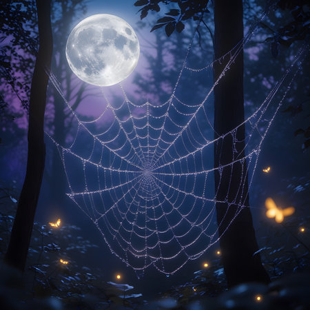 spider web in the forest at night with full moon and starsの素材