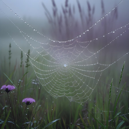 spider web with dew drops in the foggy meadowの素材